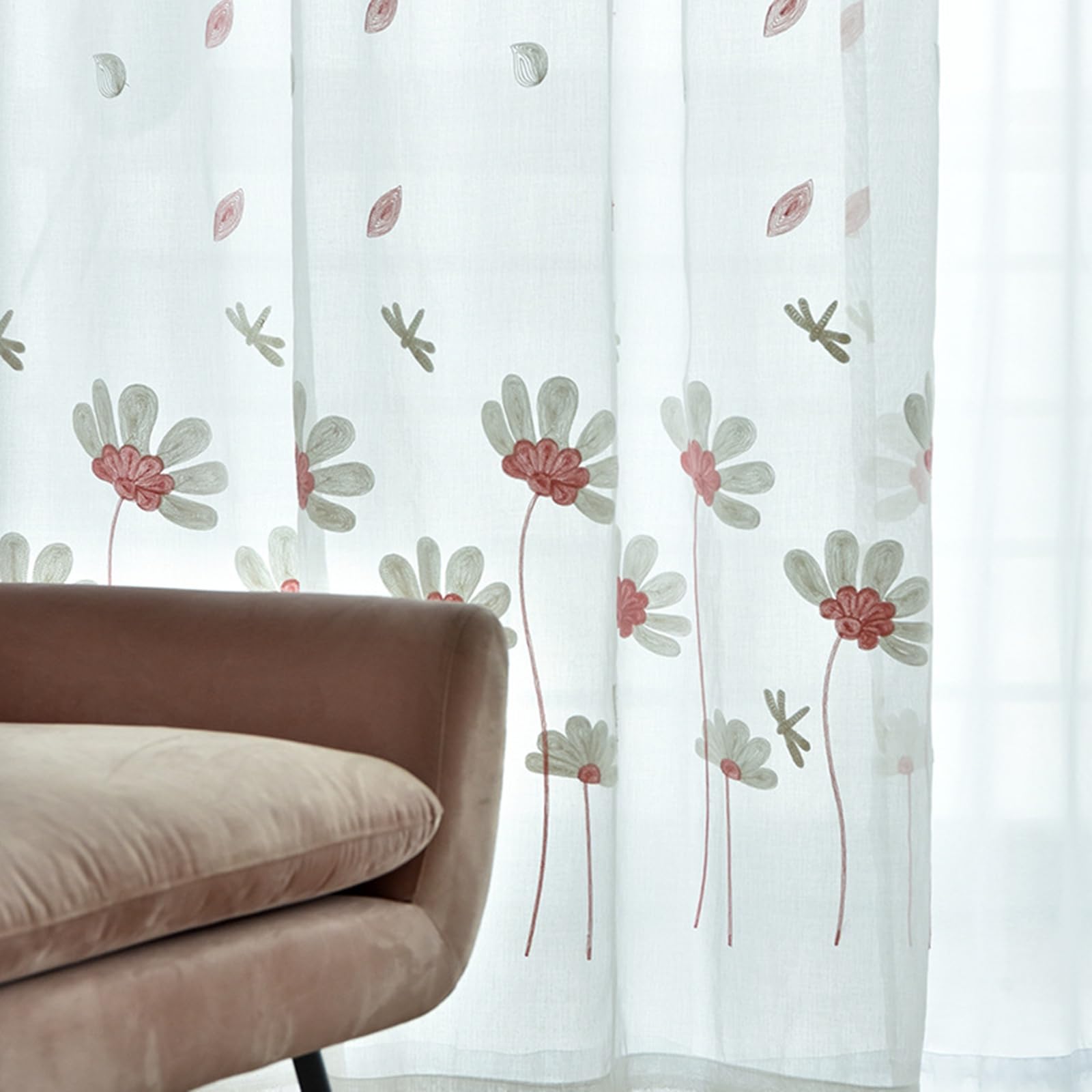 Rideaux transparents brodés libellule voilage de fenêtre salon déco fleur blanche 160cm