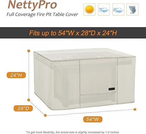 Miniatura 2 de NettyPro Cubierta Rectangular Impermeable para Fogata al Aire Libre para Mesa de Fogata de Gas Propano Rectangular, 54 x 28 x 24 pulgadas, Beige