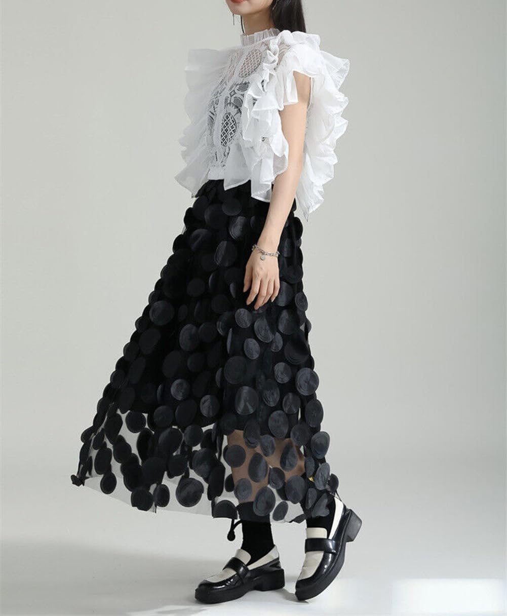 Tulle Skirt Women 3D Polka Dot Elastic Waist Mesh Flowy A-Line Midi Skirts Wedding Halloween Party Outfit - Image 6