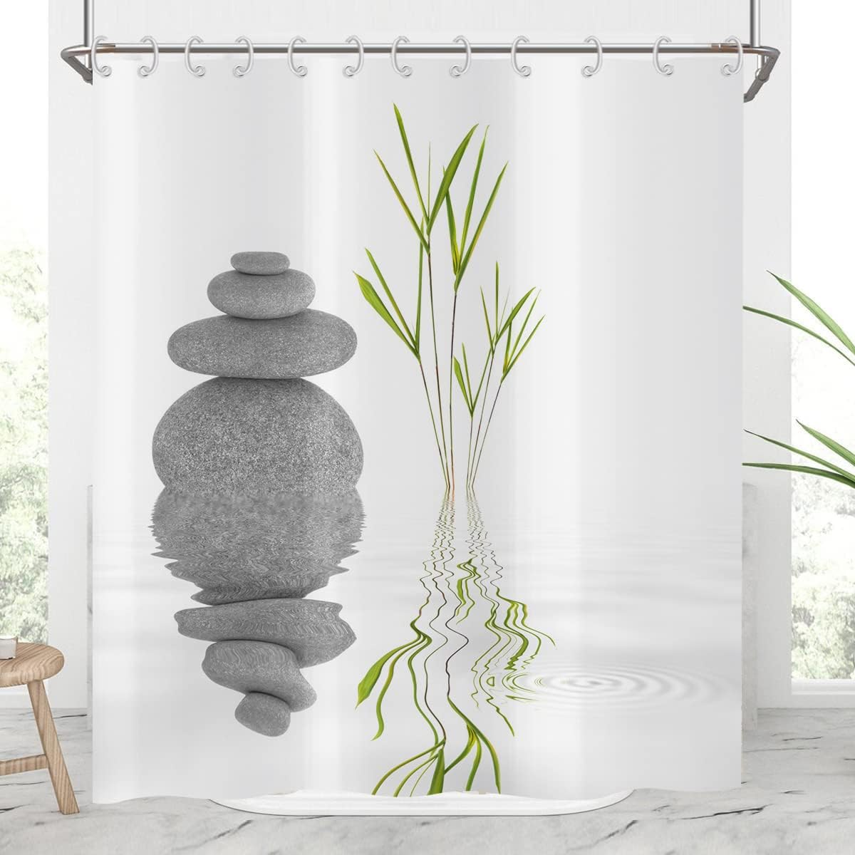 AUWUUA Basalt Stones Bamboo Leaves Shower Curtain 70x91in/178x230cm/WxH Spa Relaxing Meditation Shower Curtain, Washable Polyester Textile Waterproof Bathroom Curtains for Bathtub