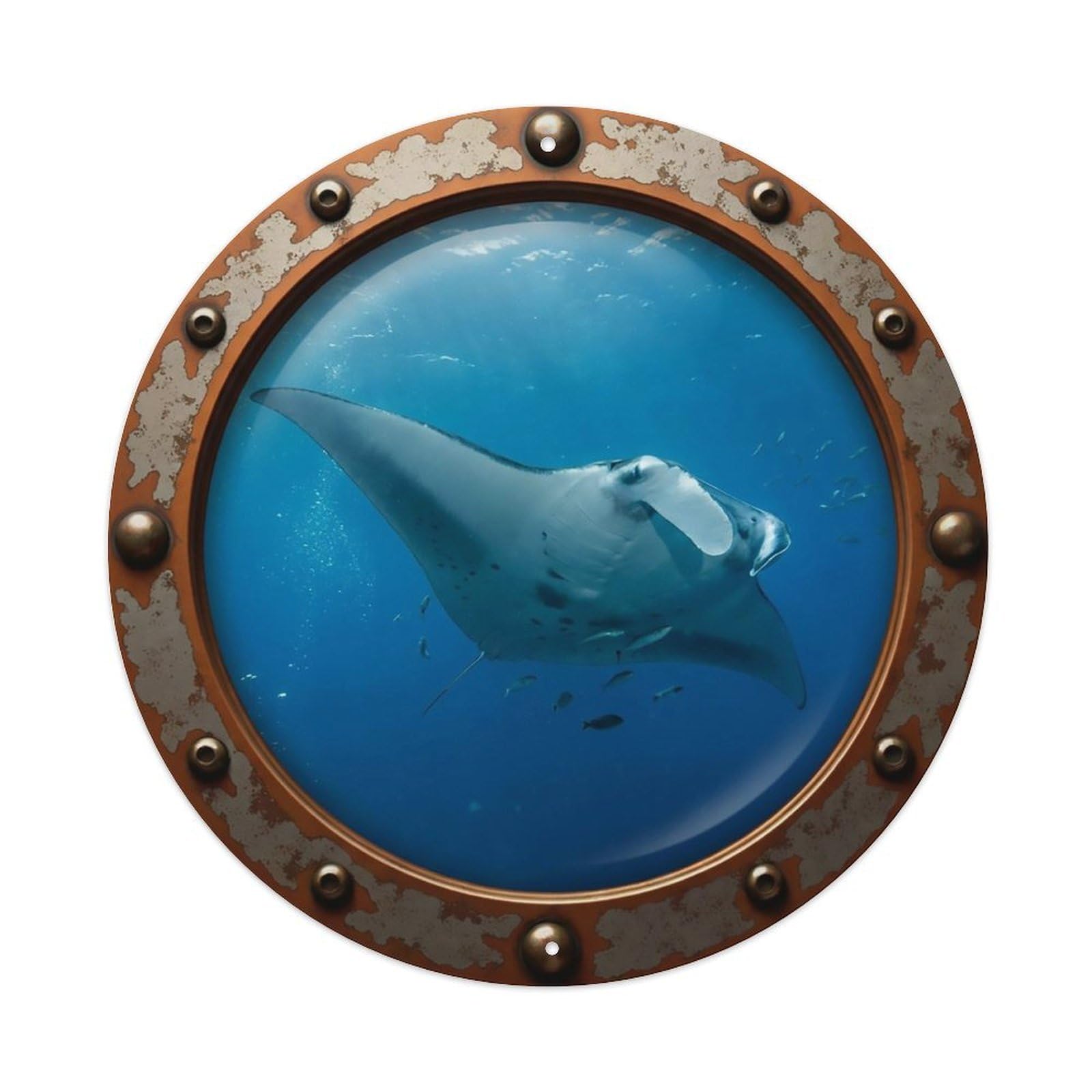 Odgynaw 8X8inch(20X20cm) Vintage Porthole Manta Ray Nautical Window View Metal Tin Sign