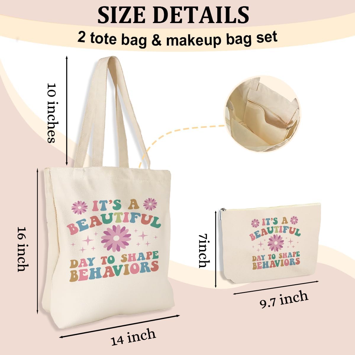 To Shape Behaviors 2pcs Cosmetic Bag Canvas Tote Bag for Women, Beach Grocery Canvas Tote, Behavior Therapist ABA Therapist Appreciation Gift for Friend Nurse Birthday Christmas Mental Health Gifts - Image 4