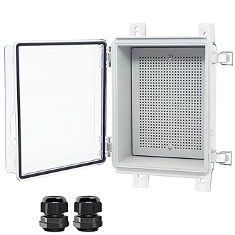 Otdorpatio Junction Box, Hinged Clear Cover Stainless Steel Latch IP67 Waterproof ABS Project Box with 2 Cable Glands,Electrical Box Enclosure with Mounting Plate & Wall Bracket 8.7x6.7x4.3inch