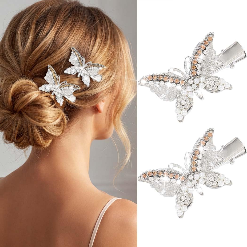 BARTOSI Butterfly Hair Clips Gold Fancy Hair Clip Rhinestone Butterfly Hair Accessories for Women and Girls (Pack of 2)