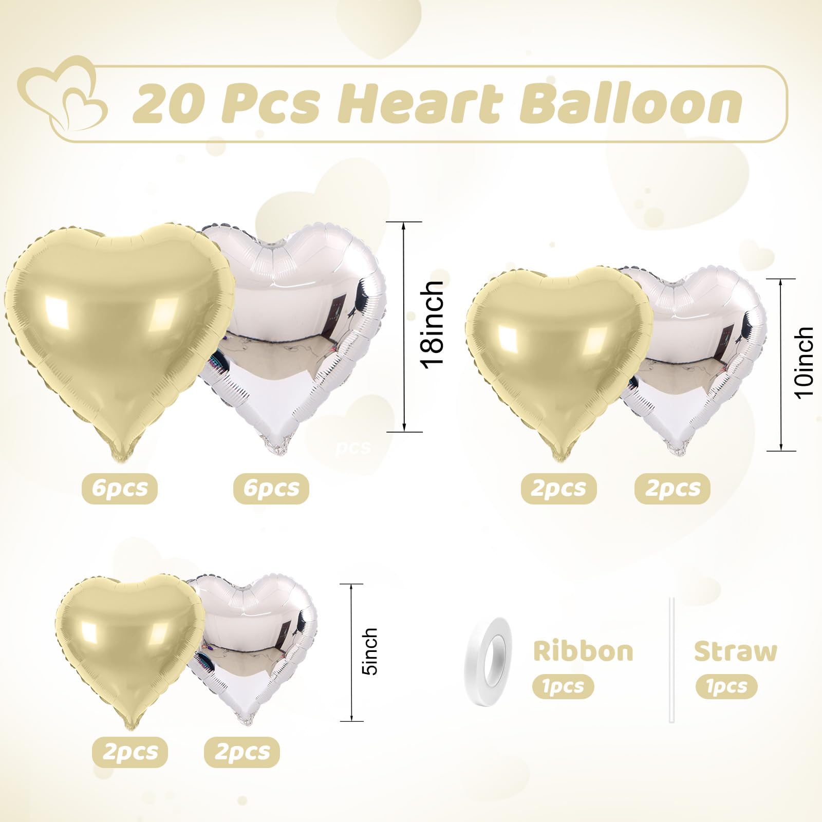 Saxuxu Gold Silver Heart Balloons, 20 Pcs 5/10/18 inch Heart Shaped Foil Balloons for Valentine's Day Decorations, Wedding - Image 2
