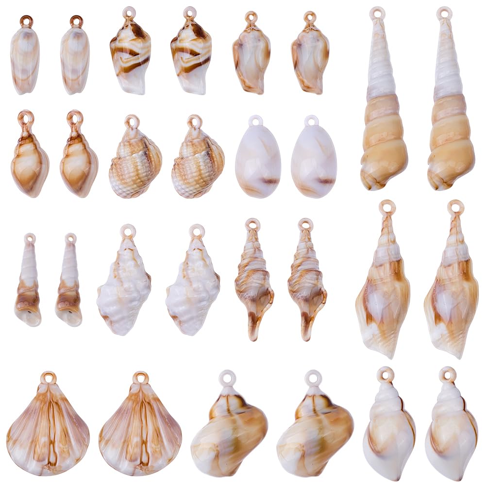 SUNNYCLUE 1 Box 56Pcs 14 Styles Small Seashell Charms Spiral Shell Beads Bulk Acrylic Summer Ocean Theme Cute Cowrie Seashells Charms for Jewellery Making Charms Diy Crafting Necklace Bracelet Earring