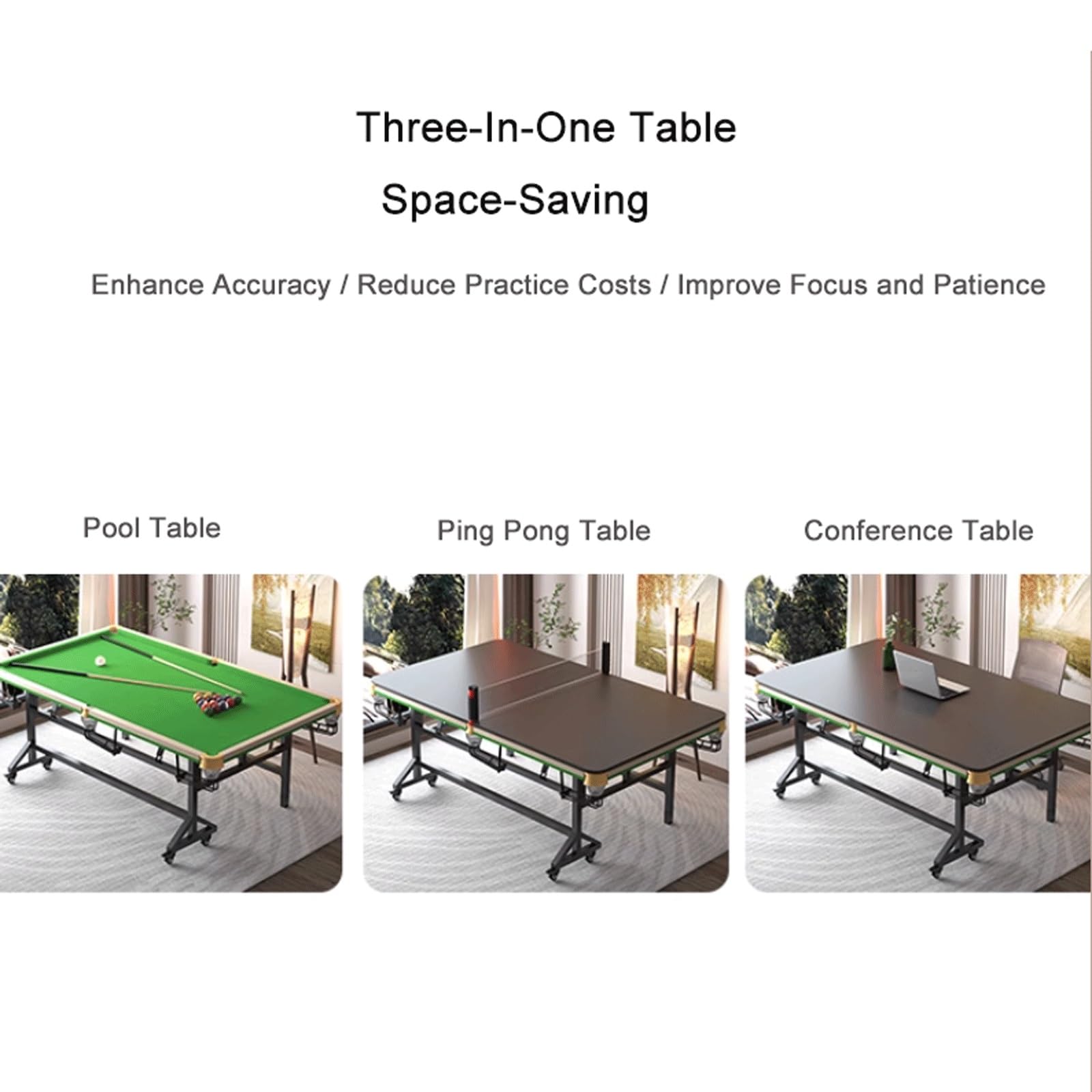 Tavolo da biliardo e ping pong, design pieghevole 2 in 1, uso interno, allenamento di precisione a cinque punti, piedini in acciaio al carbonio resistenti