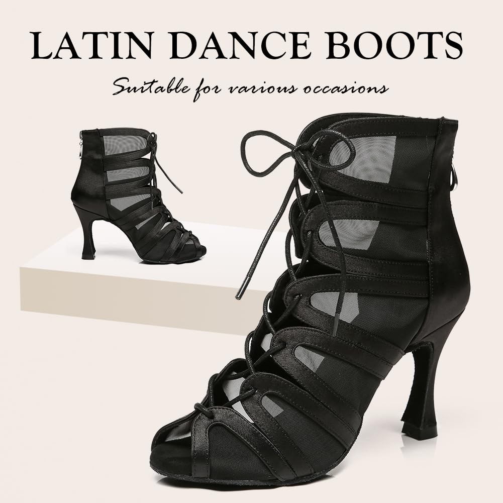 Latein Tanzschuhe Damen Hoher Absatz Salsa Ballsaal Satin Tanz Sandalen Czarny Offene Zehen Latein Tanzstiefel mit 8,5cm Absatz Wildledersohle
