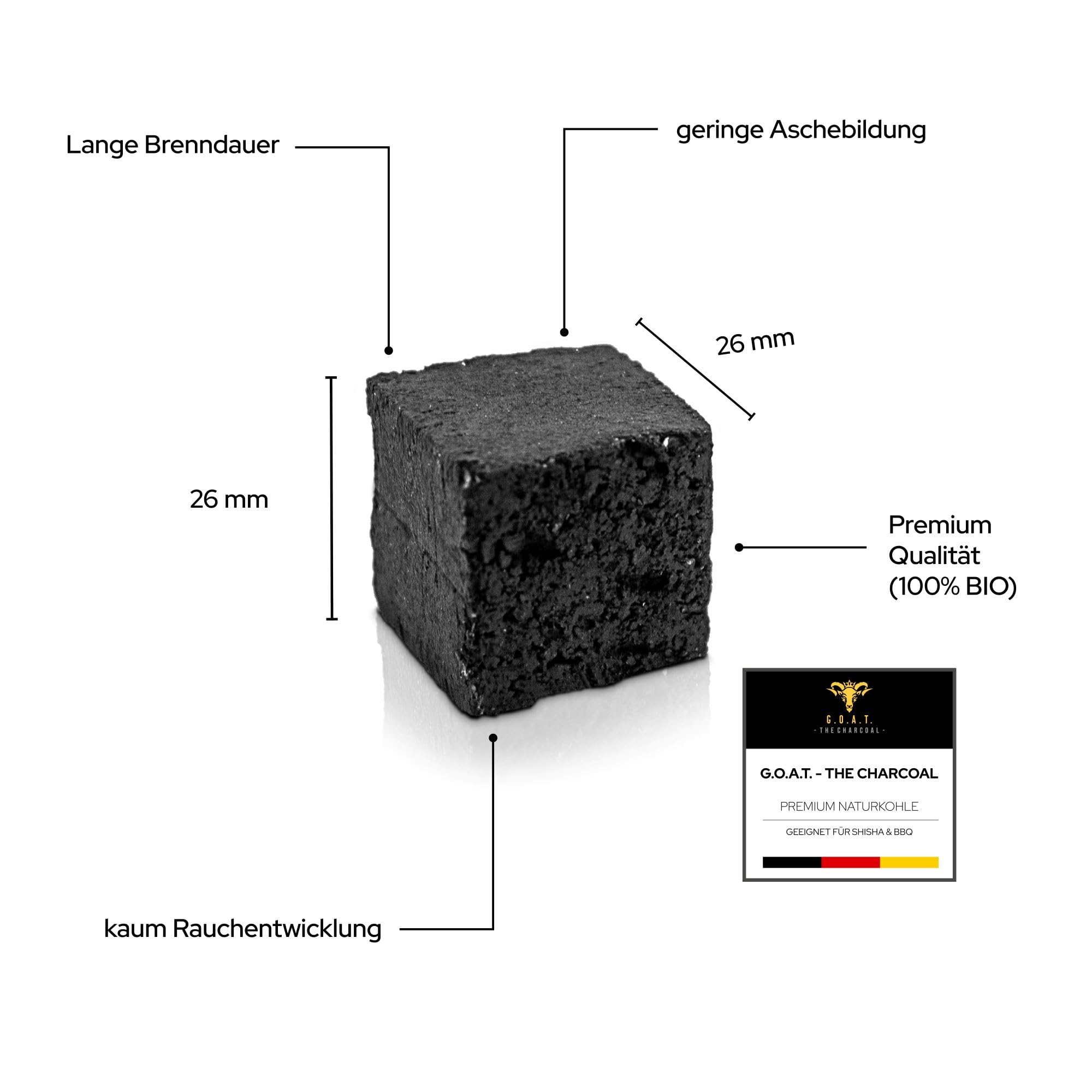 G.O.A.T Kokosnuss Kohle 20 kg 100% Kokusnussschale geruchlos geschmacklos, dampfarm & umweltfreundlich - perfekt für Lange Grill-Sessions im freien und unterwegs - Premium Ware