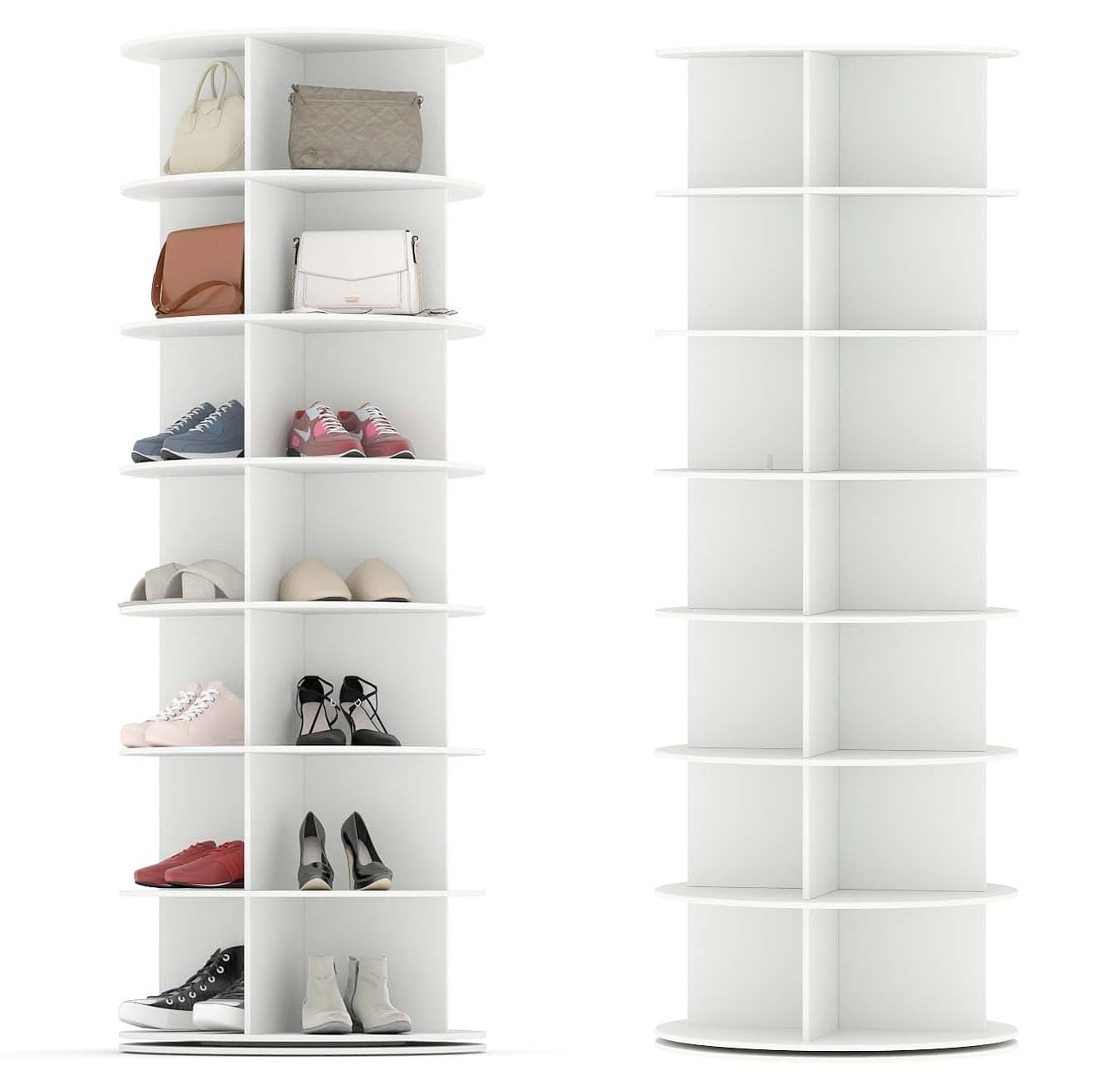Zapatero Giratorio 7 Niveles, 360°Rotación, Vitrina Redonda de Gran Capacidad, Organizador Zapatos, Zapatero Interior Armario, Blanco, MDF, 160 x 59cm