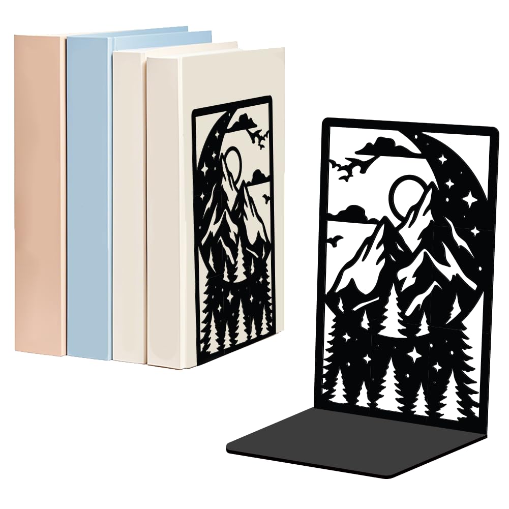 WADORN 1 Pair Forests Mountains Metal Decorative Bookend for Shelves, Heavy Duty Book Ends Modern Non-Skid Books Holder Stand Book Support Stoppers for Home Office Desk Bookshelf, 5.3x4.3x7.8 Inch