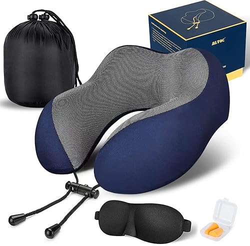 MLVOC Almohada de viaje 100 pura espuma viscoelástica funda cómoda y transpirable lavable a máquina kit de viaje en avión con máscaras de ojos MLVOC Almohada de viaje 100 pura espuma viscoelástica funda cómoda y transpirable lavable a máquina kit de viaje en avión con máscaras de ojos