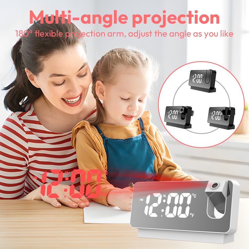 Sveglia digitale con proiezione, orologio digitale a LED, con data, temperatura, comodino, camera da letto, schermo extra grande, senza radiazioni, orologio digitale (bianco)