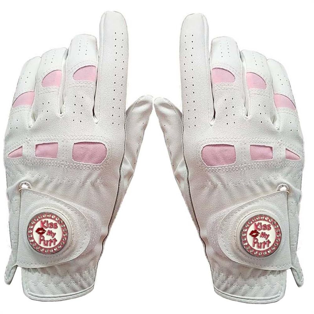 Guante Golf 2 PCS Guantes de Golf Cuero Mujeres con Bling Ball Marker Extra Grip Mano Derecha Pink Fit Damas Chicas Golfista