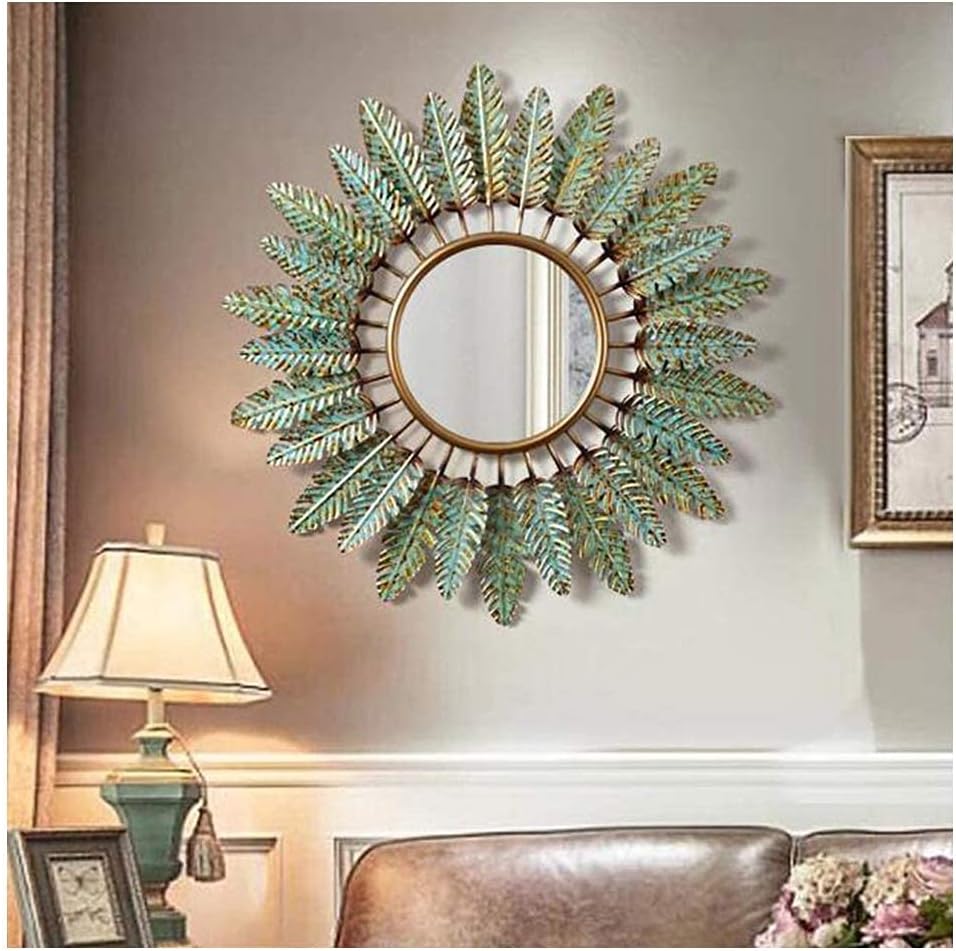 ラウンドミラー 木彫り風 花モチーフ 壁掛けミラー 径約52cm 3.6kg