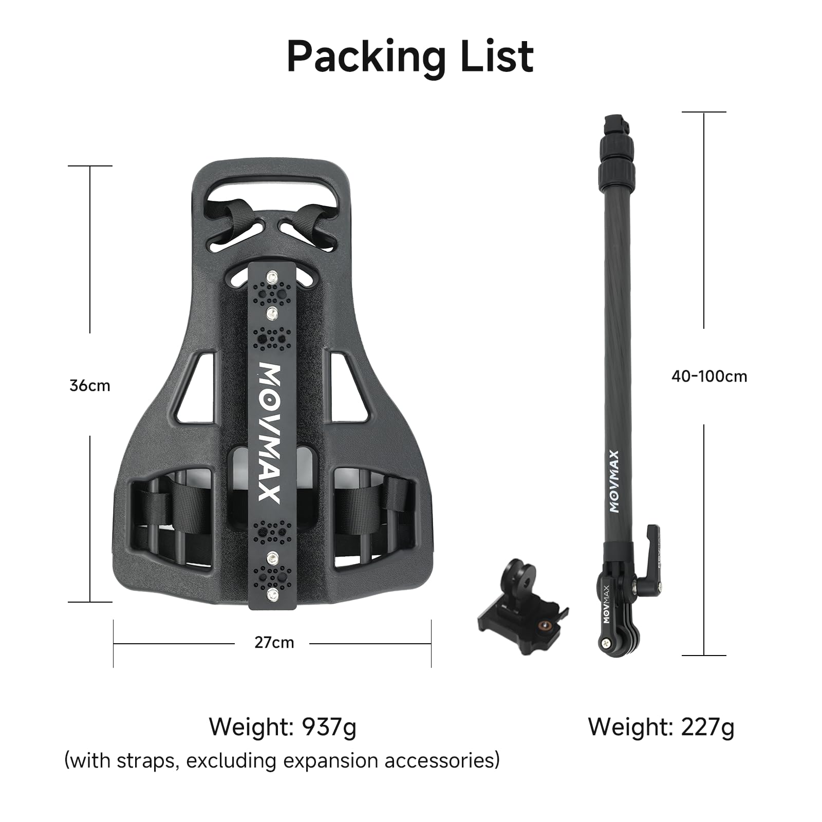 Movmax Kit de support de caméra pour sac à dos pour appareil photo Insta360 X5/X4/X3/X2 et DJI Osmo 360, perche télescopique en fibre de carbone de 40,6 à 101,6 cm, support de sac à dos réglable en