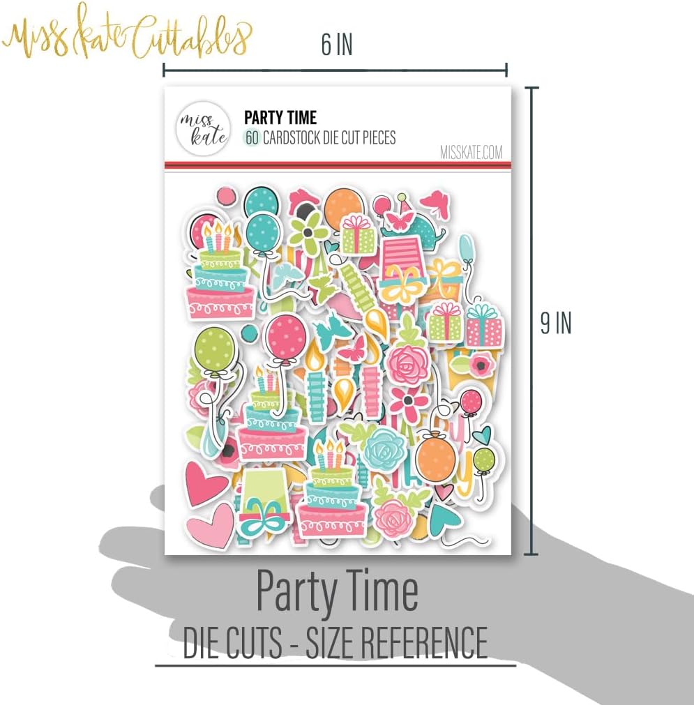 Die Cuts & Paper Set - Party Time - By Miss Kate Cuttables - 16 Sheets of 12"x12" Premium Specialty Paper & OVER 60 Coordinating Die Cuts - Exclusive Original Matching SET
