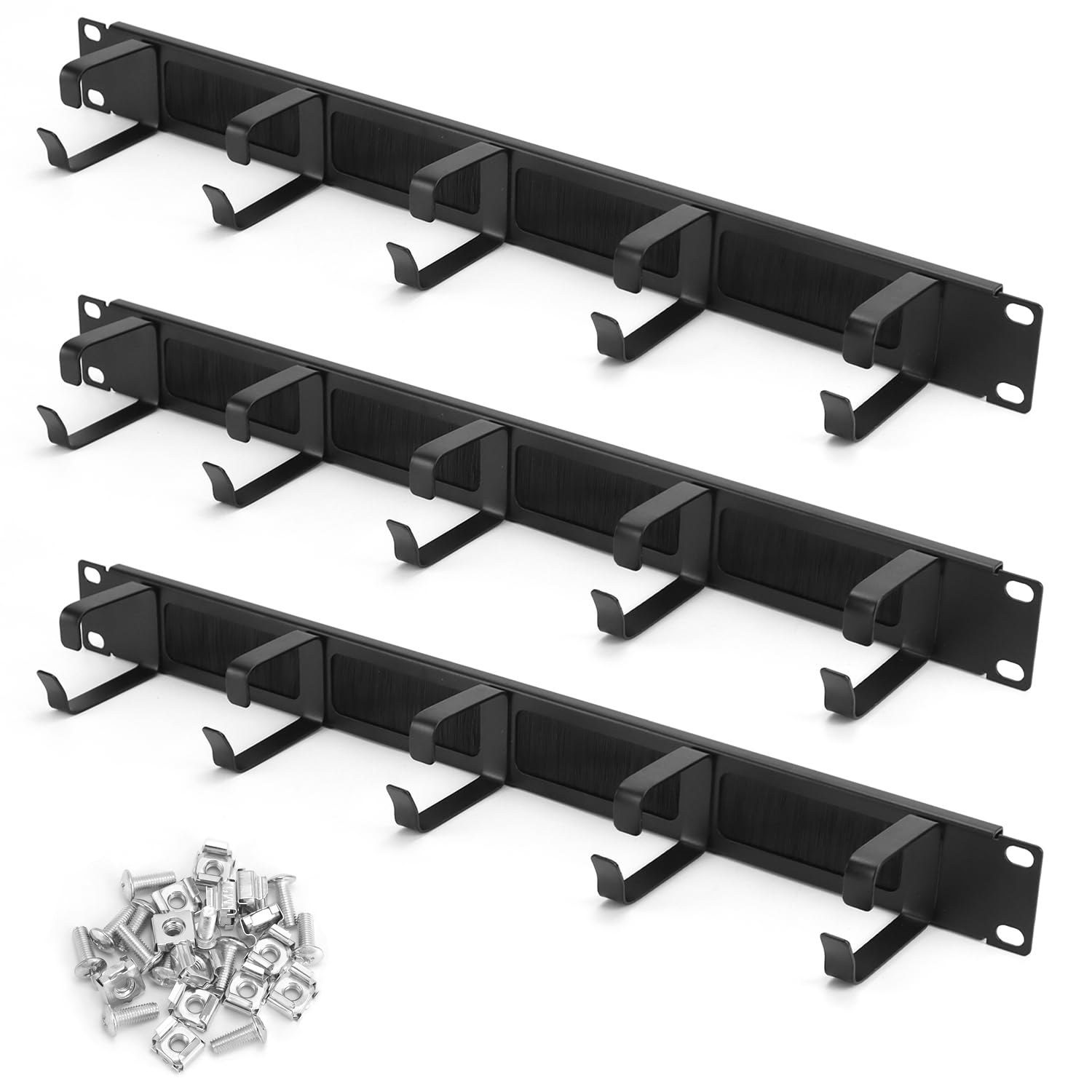 QWORK® 3X Passe-câbles 19 pouces avec 5 anneaux métalliques et ouverture à brosse, gestion des câbles pour armoire serveur et rack réseau 19"