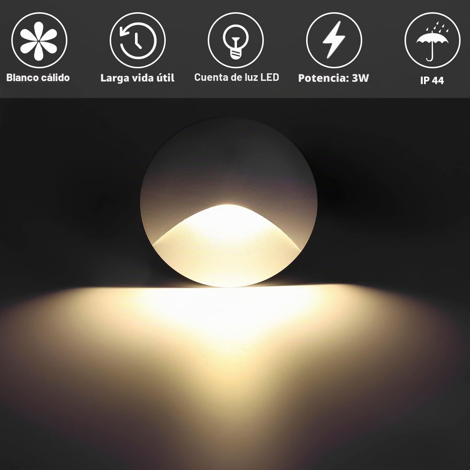 iluminacion escalera 3W Blanco cálido, Luces Empotrables luz led escaleras, 60mm, aluminio, redondas, 230V, 3W, Apliques de pared de Luces de escalera IP44, Blanco, Juego de 8 lámparas