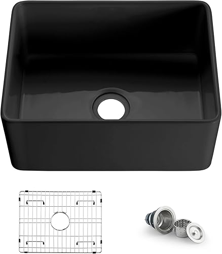 KIBI Pure - Delantal de fregadero de cocina de arcilla refractaria de 24 pulgadas con rejilla inferior y colador, fregadero de acristalamiento disponible en Yaxa Venezuela