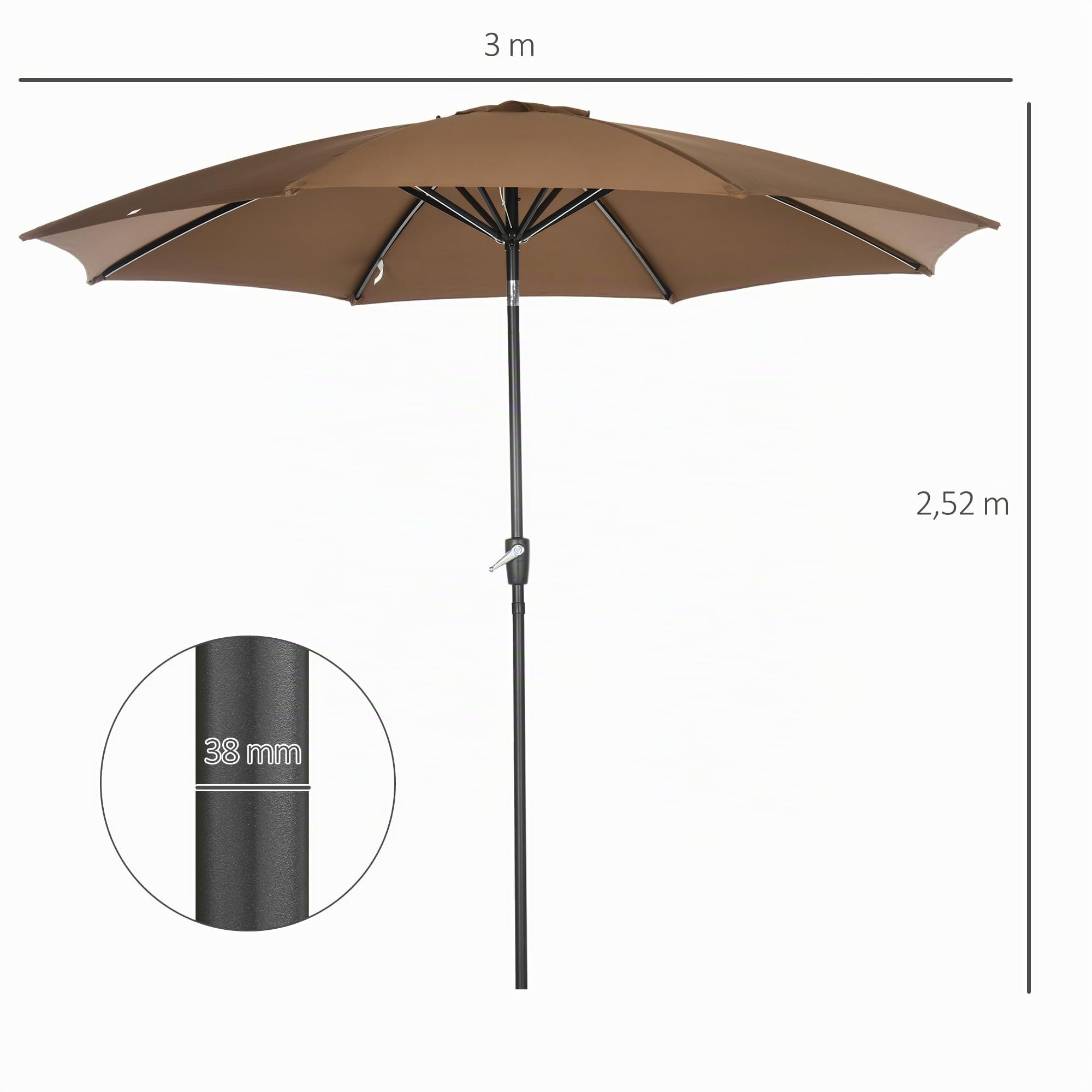 Outsunny Parasol Ø300x252cm inclinable canopée manivelle marron
