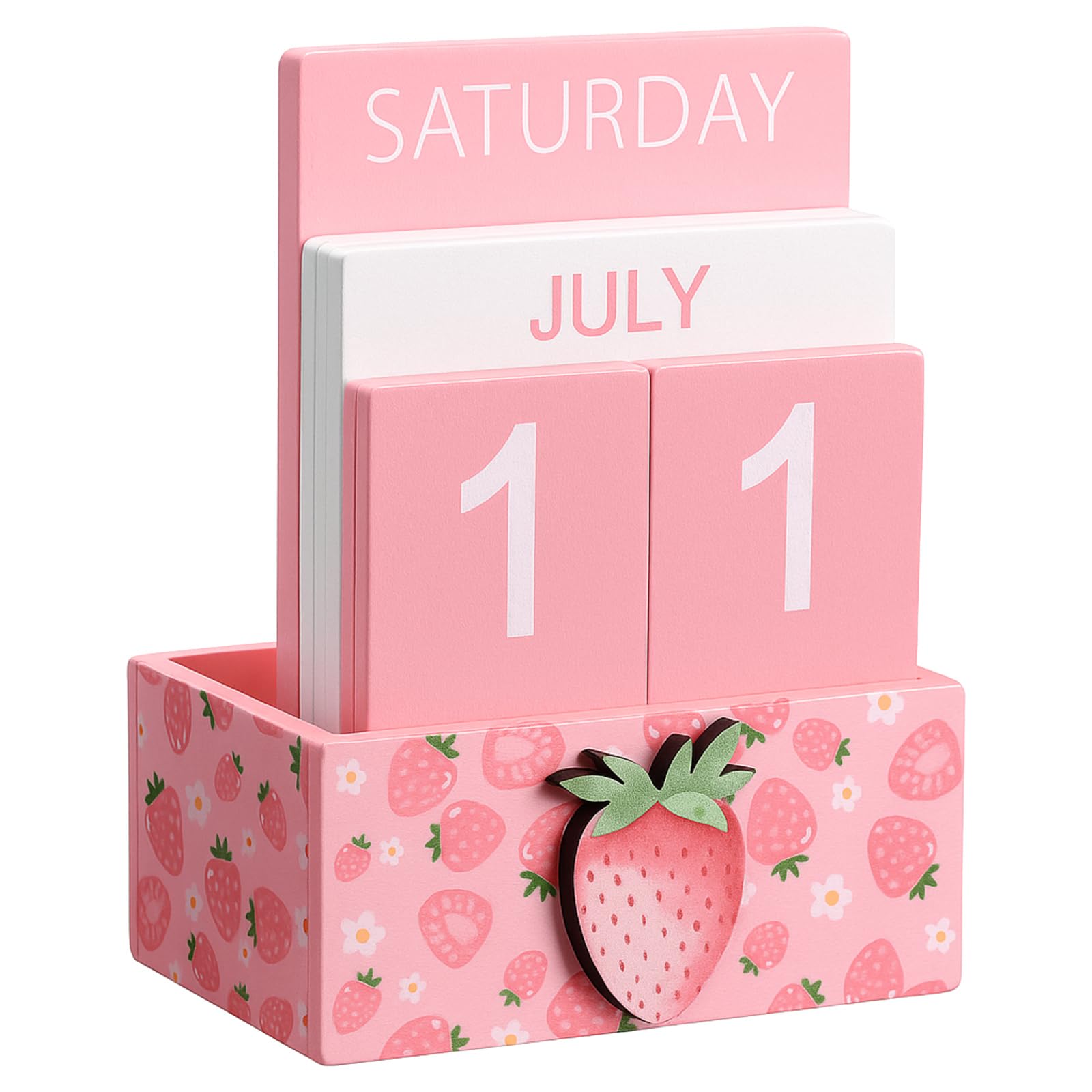 AceOrbit Pink Strawberry Wood Block Perpetual Calendar Coquettish Desk Decor Cute Month Week Date Display Decorative Block Calendar for Women Office Home Desk Gift for Women