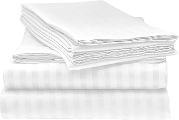 LaxLinen Super Soft Quality 100% Egyptian Cotton 6 PCs Sheet Set 21" Inch Extra Deep Pocket California King, White Stripe 500-Thread Count