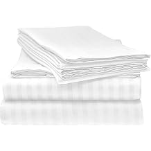 LaxLinen Super Soft Quality 100% Egyptian Cotton 6 PCs Sheet Set 21" Inch Extra Deep Pocket California King, White Stripe 500-Thread Count