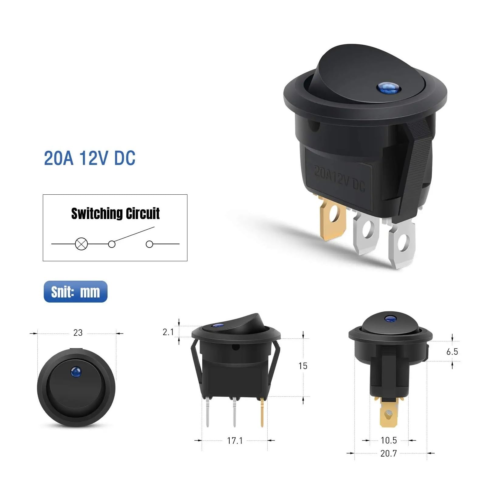 12 Stück Wippschalter Kippschalter 12 V SPST 3 Pins 2 Positionen EIN/Aus Blaulicht beleuchteter Bootsschalter