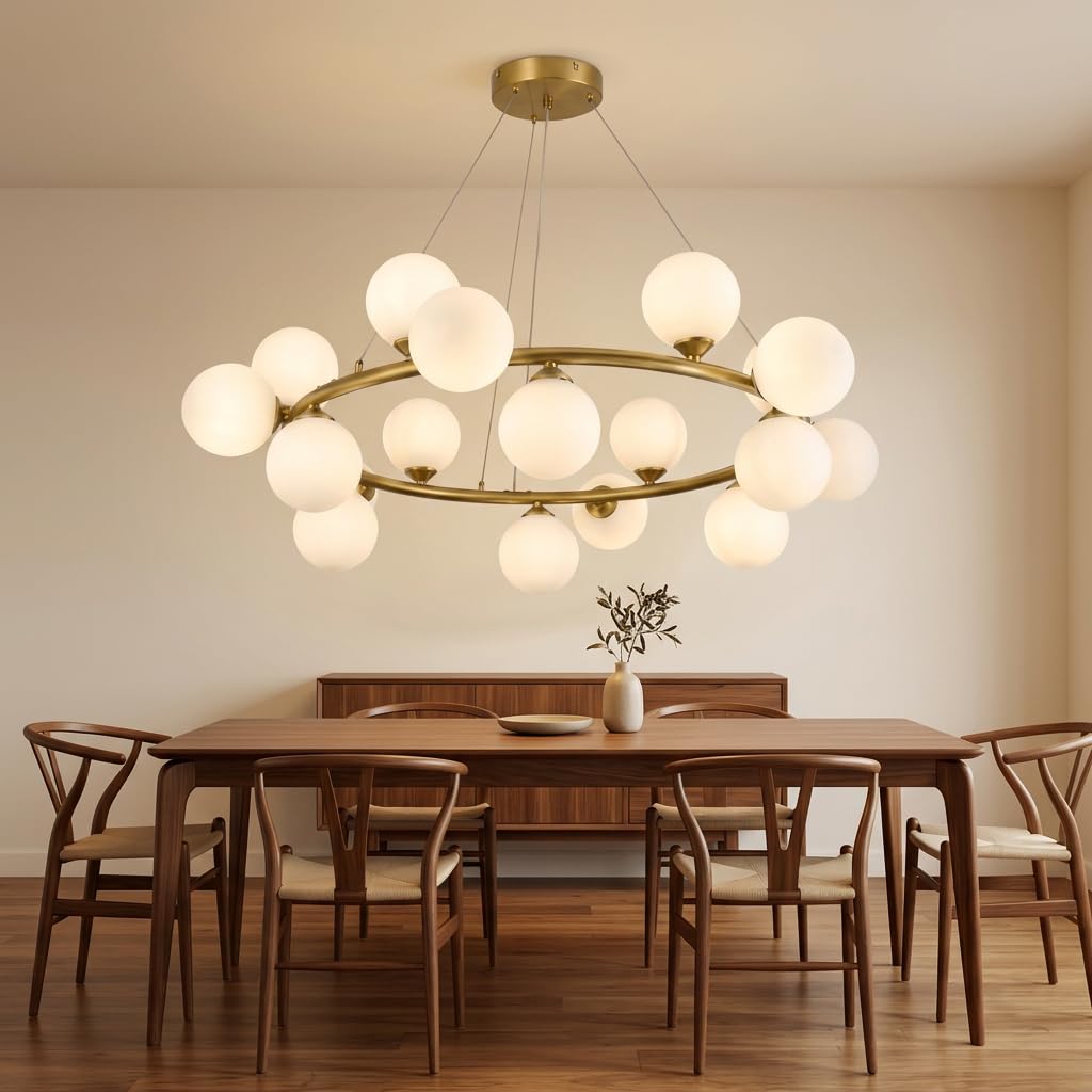 Lampadario Moderno 18 Luci a Sfere G9 Ø96cm Oro Ottone | Design Circolare Luxury con Sfere Opaline Ø13cm | Lampadario a Sospensione per Soggiorno Sala da Pranzo Hotel