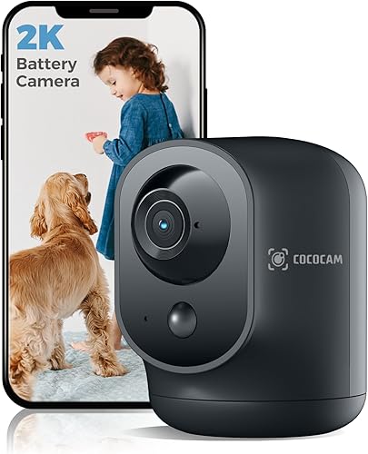 COCOCAM Cámara de seguridad 2K para interiores con batería de 5200 mAh, cámara WiFi, inalámbrica para monitor de bebémascotaseguridad del hogar,