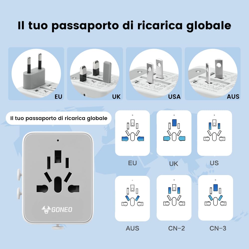 GONEO Presa Universale da Viaggio con USB-C e USB-A, Adattatore Presa Americana Inglese Schuko Italiana Giappone Thailandia Francese UK Spina per 240+ Paesi, con Protezione da Sovraccarico Automatica