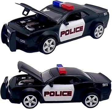 136 Scale Alloy Police Car Model, Die Cast Metal Police Car, Hood can be Opened Upon Impact, Push-Back Function, Durable Design, Realistic DetailsBlack