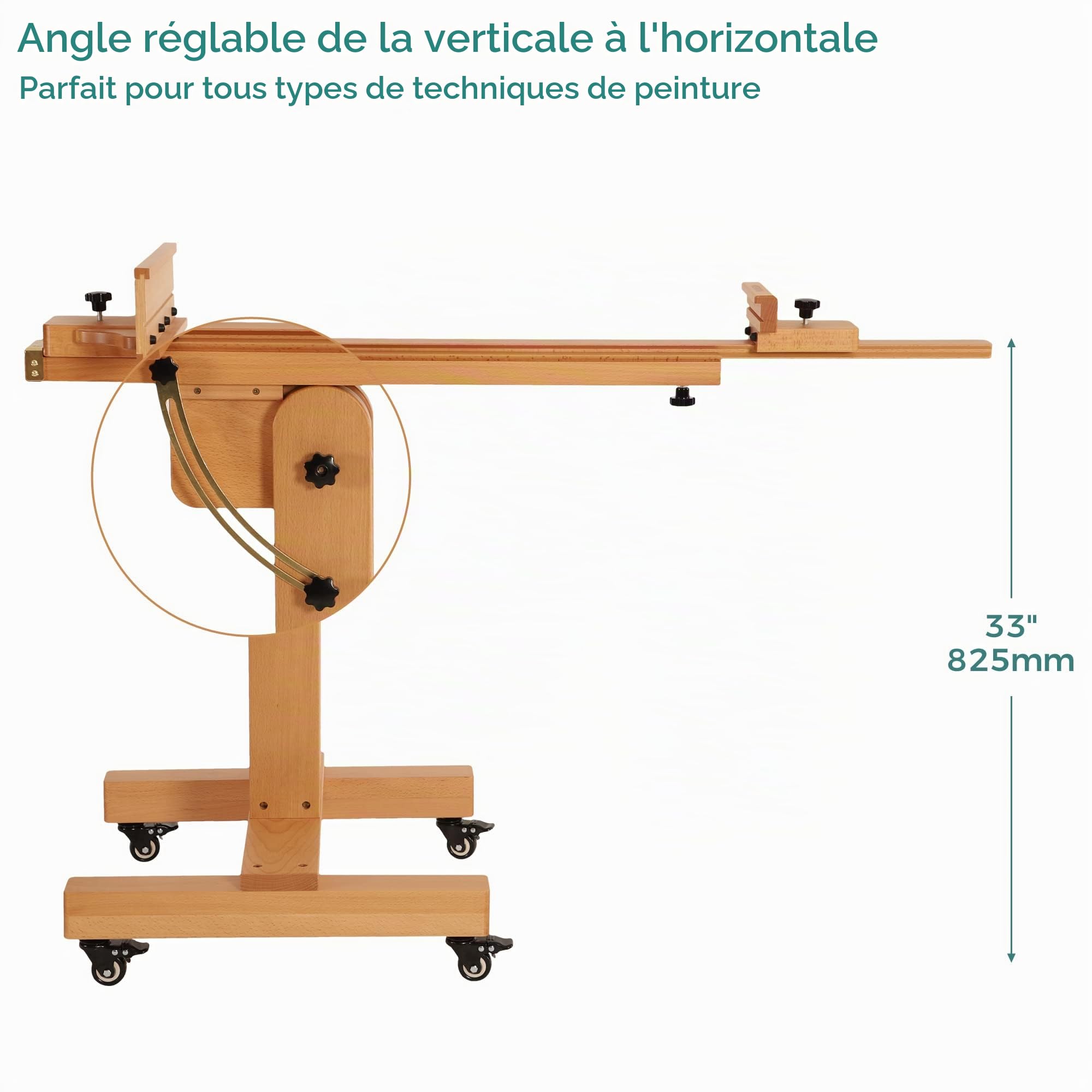 VISWIN Chevalet de studio robuste, inclinable à plat et mobile, réglable en bois de hêtre massif pour peinture, télévision et affichage, peut contenir une toile jusqu'à 180,3 cm, chevalet d'art de sol