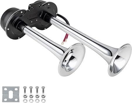 Train Horn Kit Universal Electric Car Horns Dual Trumpet 130dB Super Loud Air Horns For Any 12v Vehicles Trucks/Lorrys/Trains/Boats/Cars/SUV/Pickup/Golf Cart, Aluminum alloy+ABSchrome