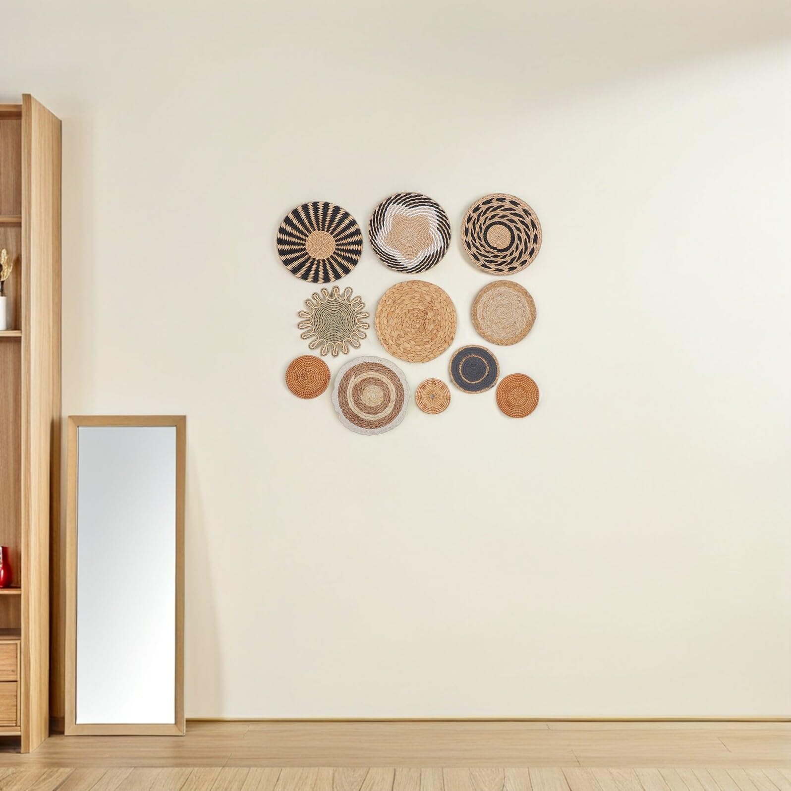 SOIMISS Set de 11 Piezas Decoración de Pared Boho Hecha a Mano Paja y Junco Marino Adornos Colgantes Artesanales para Sala y Dormitorio Cestas Tejidas Estilo Bohemio Natural