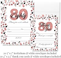 Vista 3 de Amanda Creation Deluxe Cheers to 80 Years Rose Gold Confetti Polka Dot 80 Birthday Party Bundle incluye 20 invitaciones y tarjetas de agradecimiento