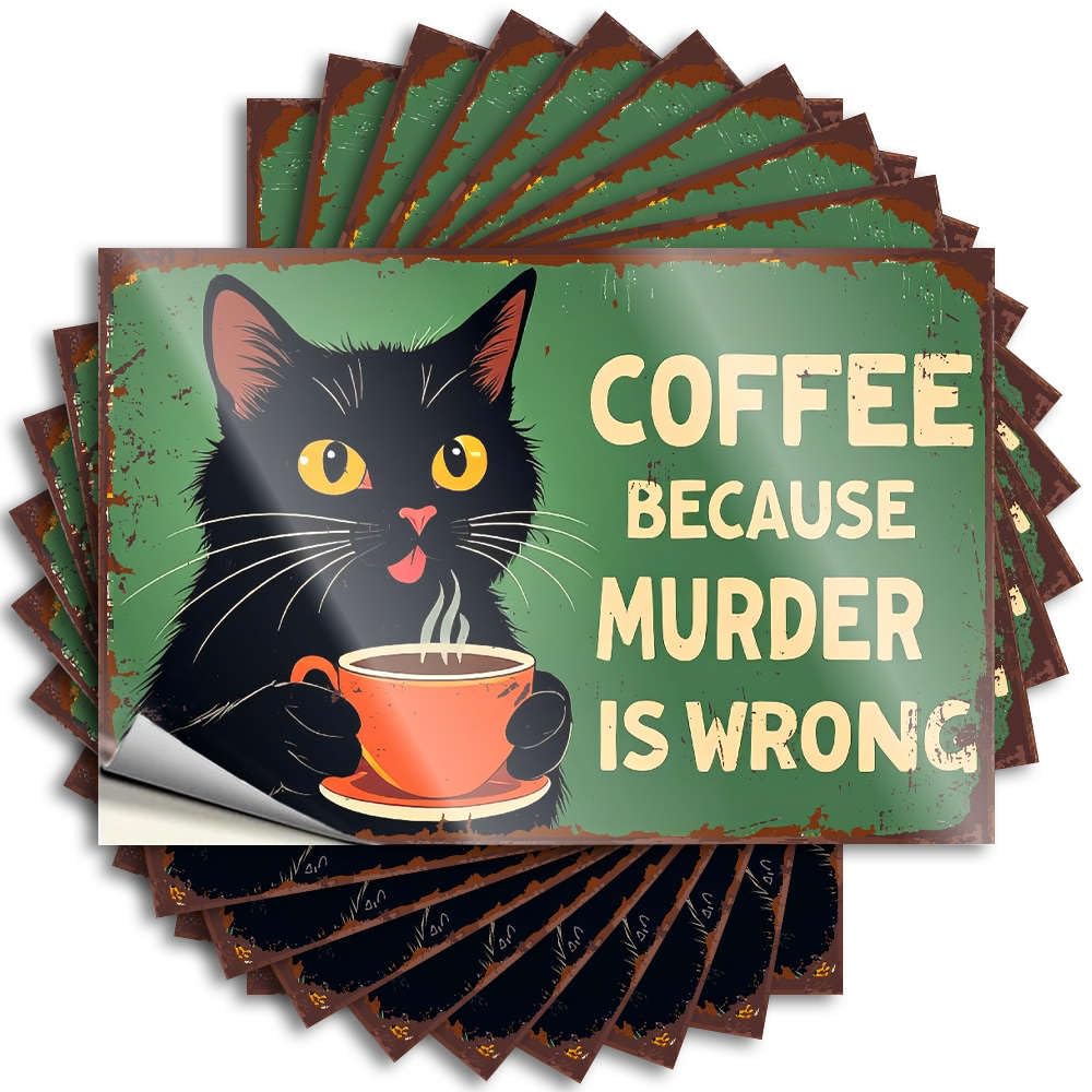 Quote Country Stuff Durable Vinyl - Black Cat Sipping Coffee: 'Because Murder is Wrong.' Bottle for Winter Use(6X9CM)