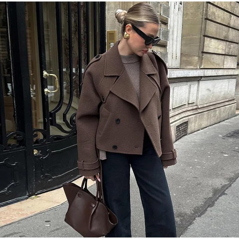 Womens Pea Coat Bottons Office Work Lapel Collar Short Fall Winter Outwear Jacket Casual Coat3