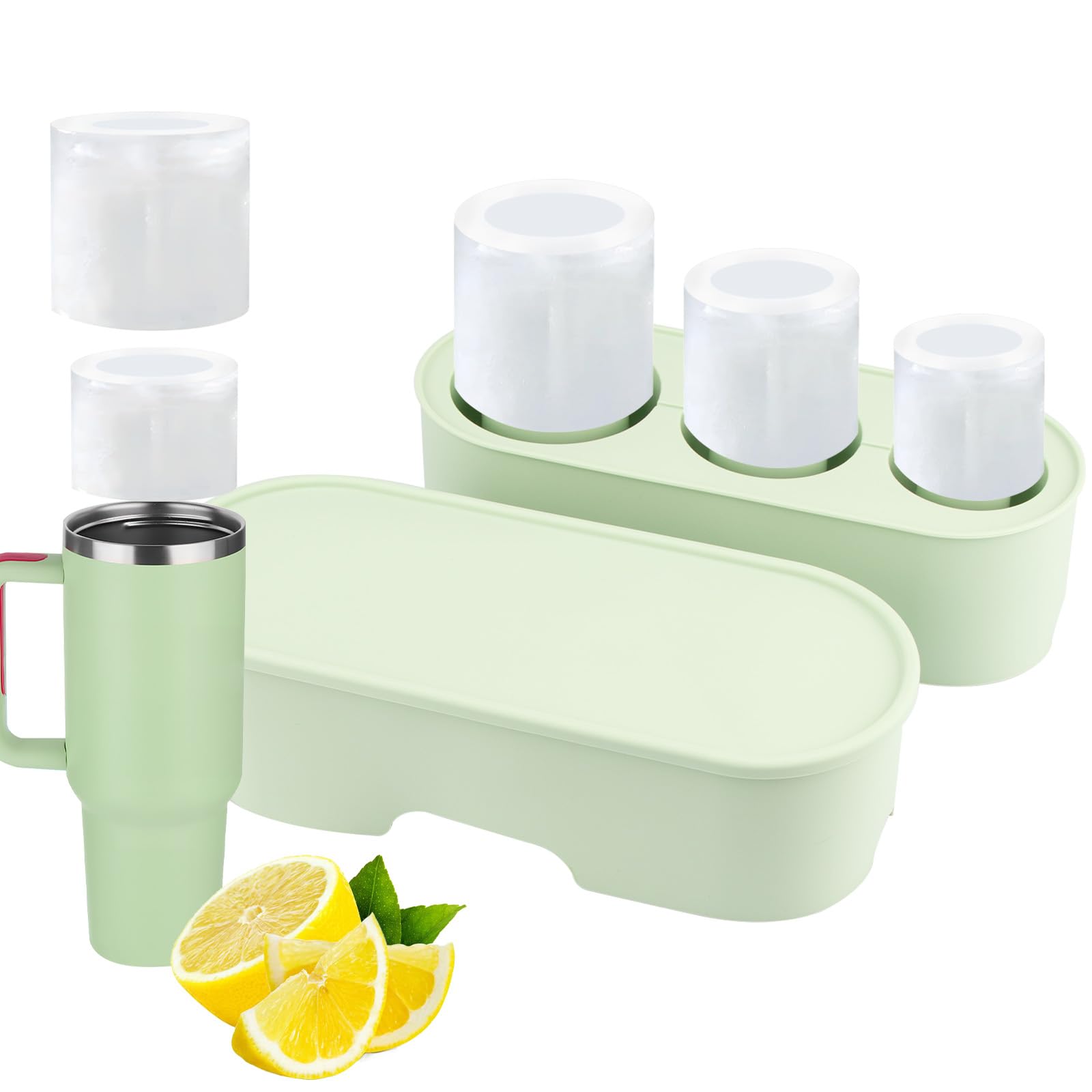 2 PCS Silicone Ice Cube Molds,3 Pcs Ice Mold with Lid,Large Ice Cube Molds for 30-40 oz Tumbler Cup,Ice Cube Tray for Chilling Cocktails, Whiskey, Drinks,Easy Fill and Release Ice Maker (Green)