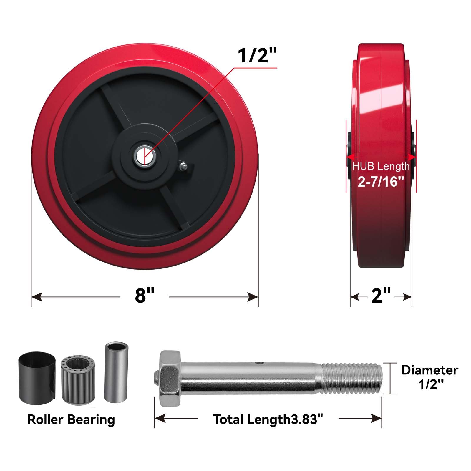 Ruote girevoli da 20,3 x 5,1 cm, in poliuretano su nucleo in poliolefina, con cuscinetto a rulli, foro da 1,27 cm, set di 4 ruote girevoli resistenti con capacità di 1995,8 kg (confezione da 4)