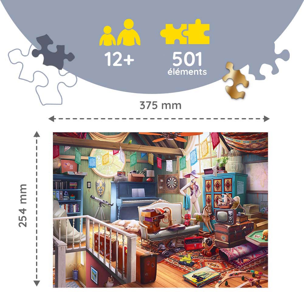 Trefl - Casse-tête en Bois : Les Trésors du Grenier - 500+1 pièces, Wood Craft, Formes Irrégulières, 50 Figures, Puzzle Moderne, pour Adultes et Enfants de 12 Ans et Plus