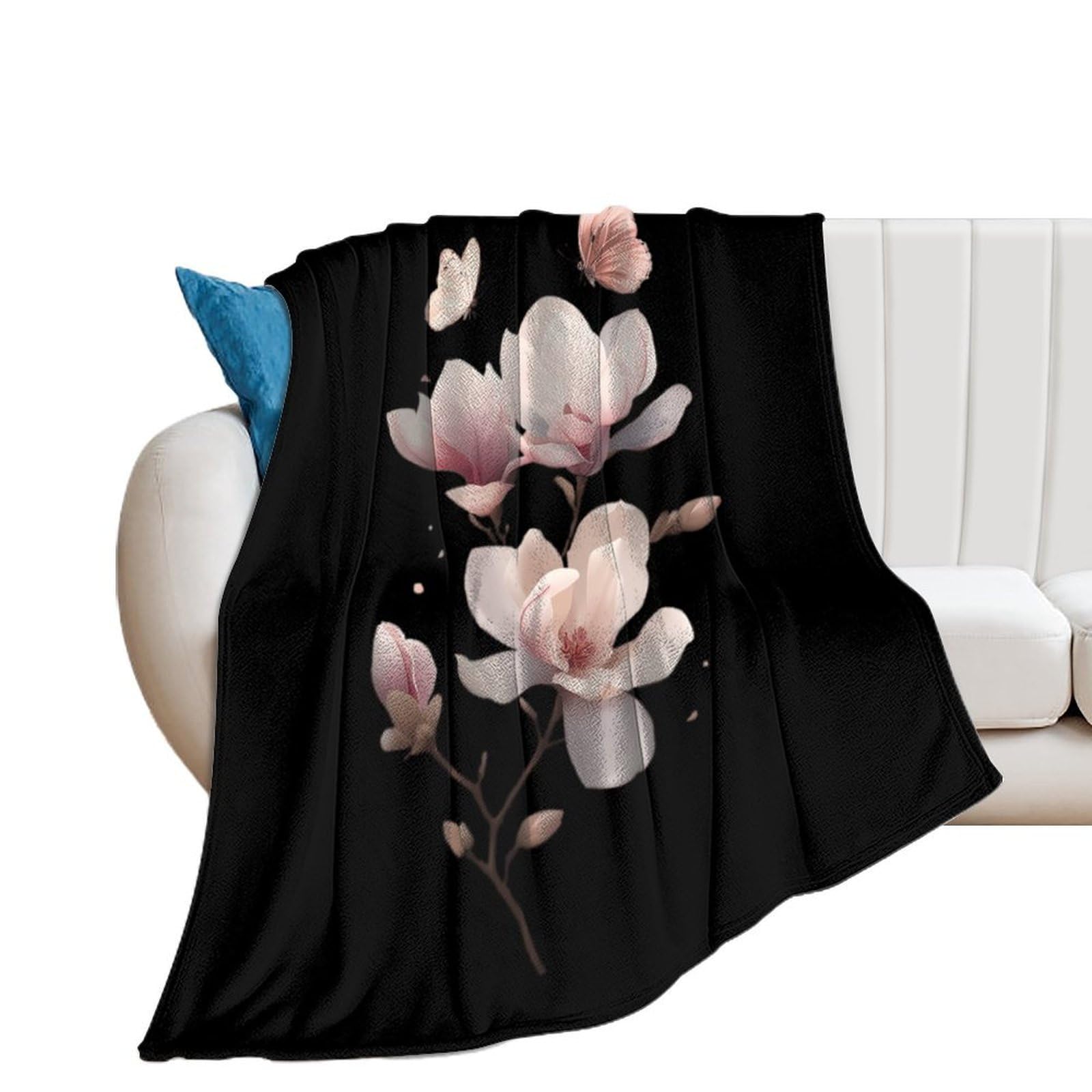 Überwurfdecke aus Fleece, Motiv: Magnolienblume mit Schmetterling, weich, leicht