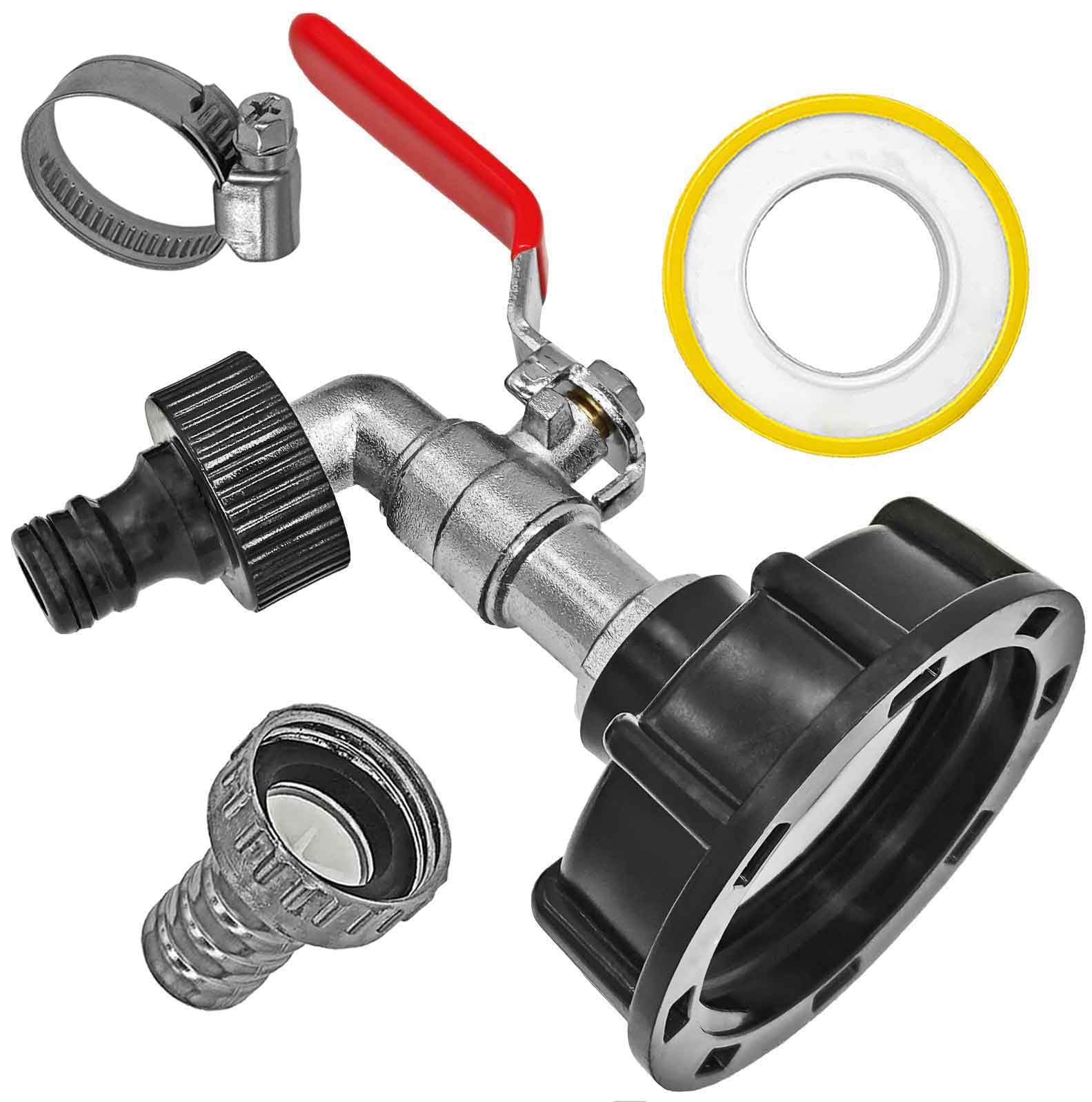 IBC Adapter Kappe S60x6 mit 1/2" Rohr Zoll Auslaufhahn aus Zink mit robustem Stahl Griff rot + Stecker passend für Gardena + Dichtband Gartenschlauch Wasser Hahn Container Tank Kugelhahn