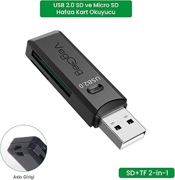 VegGieg USB 2.0 SD ve Micro SD Hafıza Kart Okuyucu Siyah