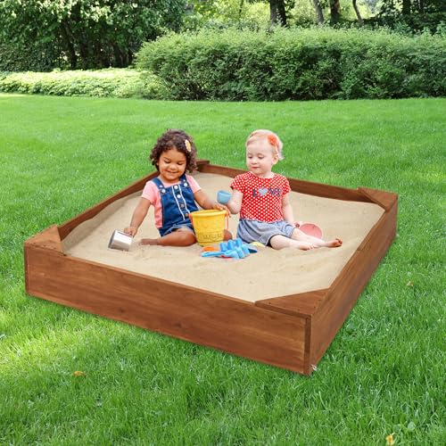 Badger Basket Wooden Sandbox for Kids - Outdoor Sand Box with Bench, Cover & Liner - Durable Backyard Playset for Toddlers (46.5 x 46.5 x 8.75)