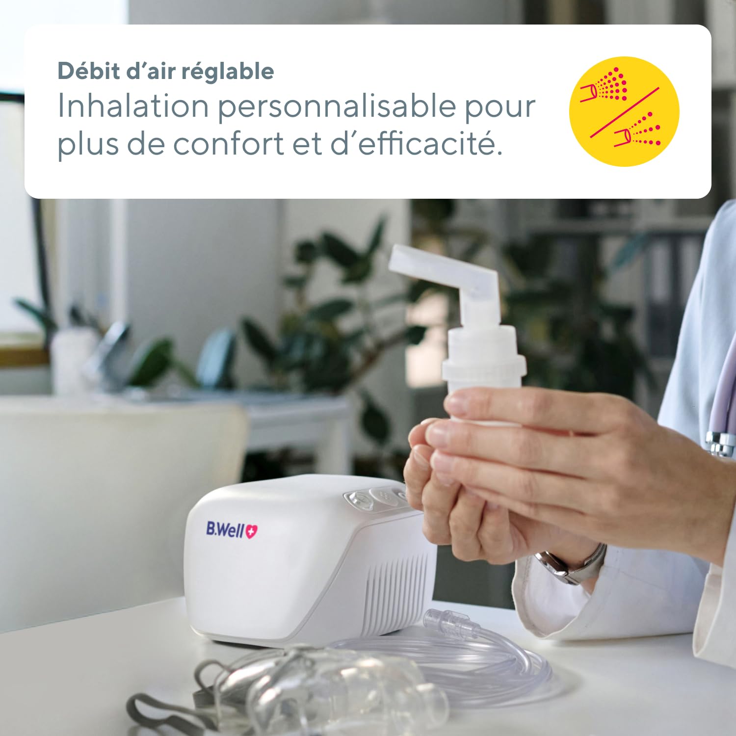 B.Well Swiss - Nébuliseur Médical et Inhalateur MED-130 – Thérapie respiratoire, débit réglable, particules fines 2,1 µm, enfants & adultes – Qualité Suisse, masques et embout buccal