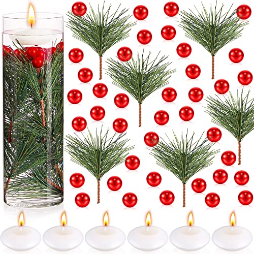 MTLEE 142 Pcs Christmas Vase Fillers Including Floating Candles for Centerpiece Holly Berry Water Beads and Leaves Pine Needle Branches for Christmas Home Dinning Table Party Wedding Festival Decors