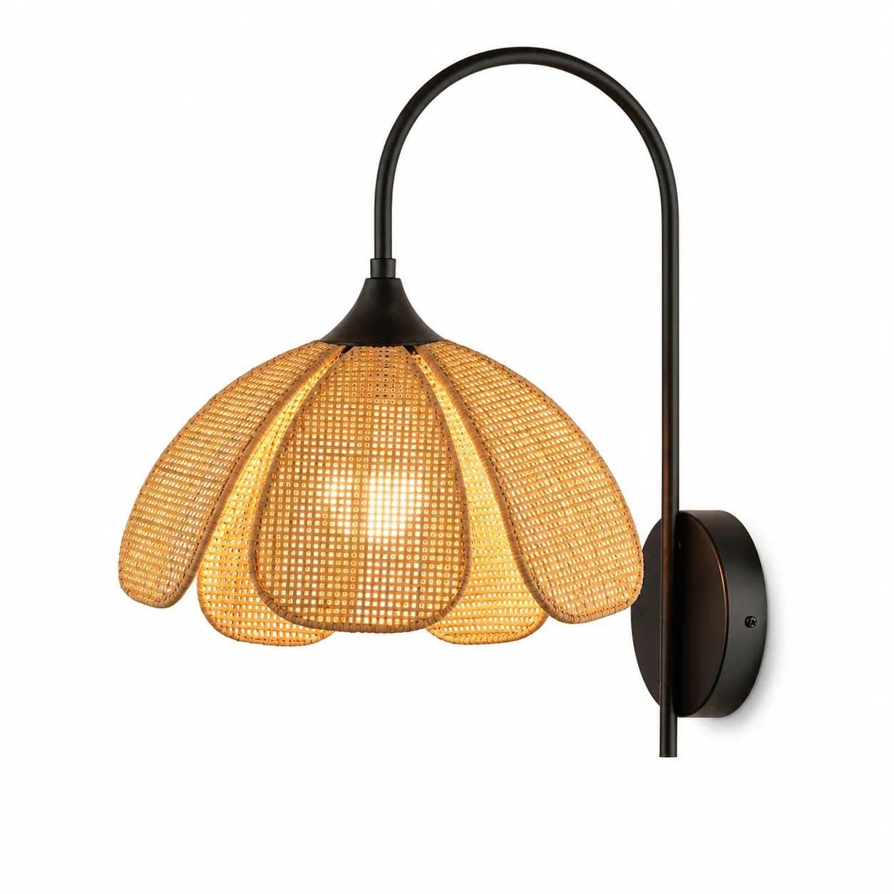 ITOSUI Rattan Sconce Flower Wall Lamp, Boho Black Hardwired Petal Lighting Fixture, Handmade Vintage Farmhouse Indoor Decor for Bedroom, Living Room, Hallway