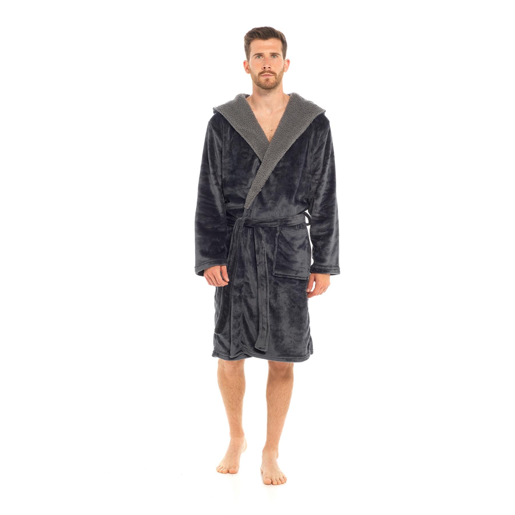 A2z Men's Charcoal Flannel Fleece Hooded Dressing Gown Super Soft - Robe Az701 3XL